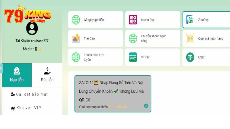 79KING hỗ trợ đa phương thức nạp tiền cho người chơi lựa chọn